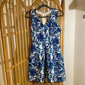 H & M Blue Floral Fit and Flare Dress 8